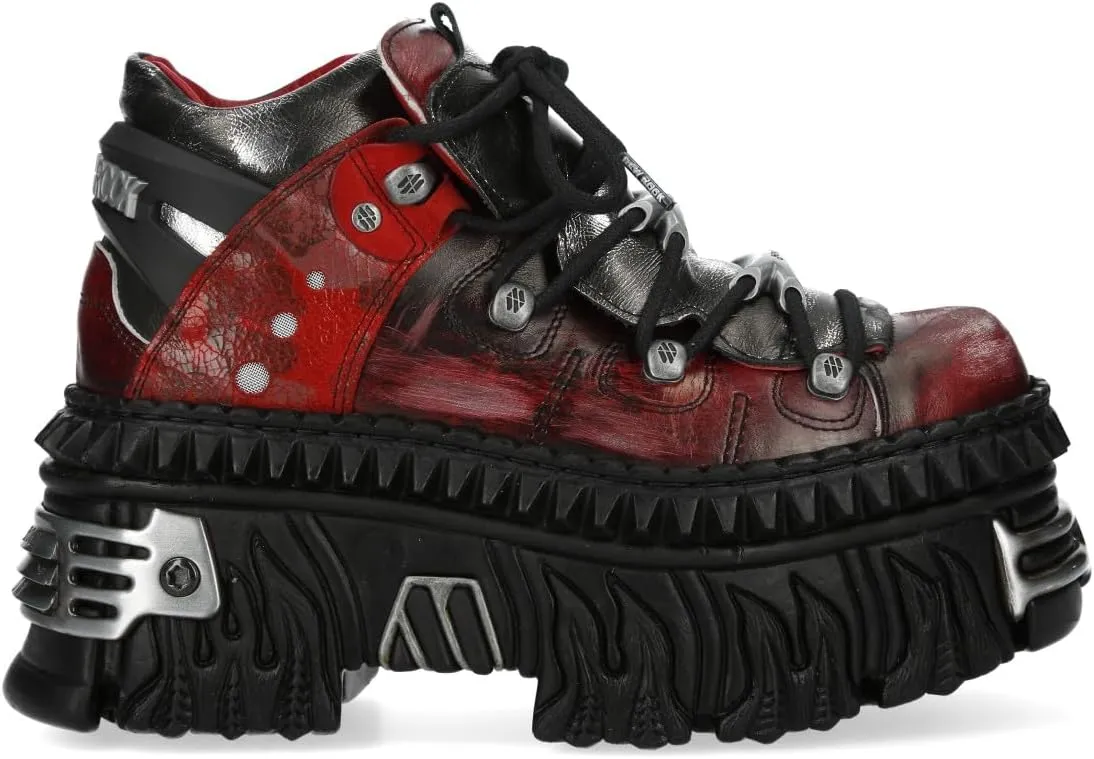 New Rock M-WALL106N-C17 Red Silver Leather Gothic Urban Rock Ankle Boots