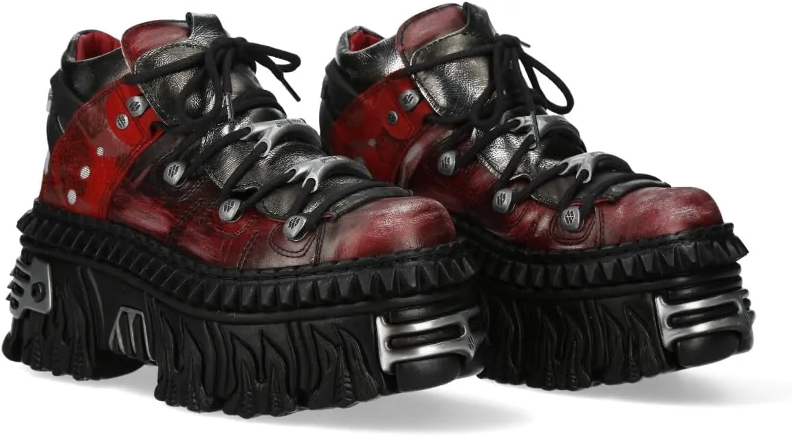 New Rock M-WALL106N-C17 Red Silver Leather Gothic Urban Rock Ankle Boots