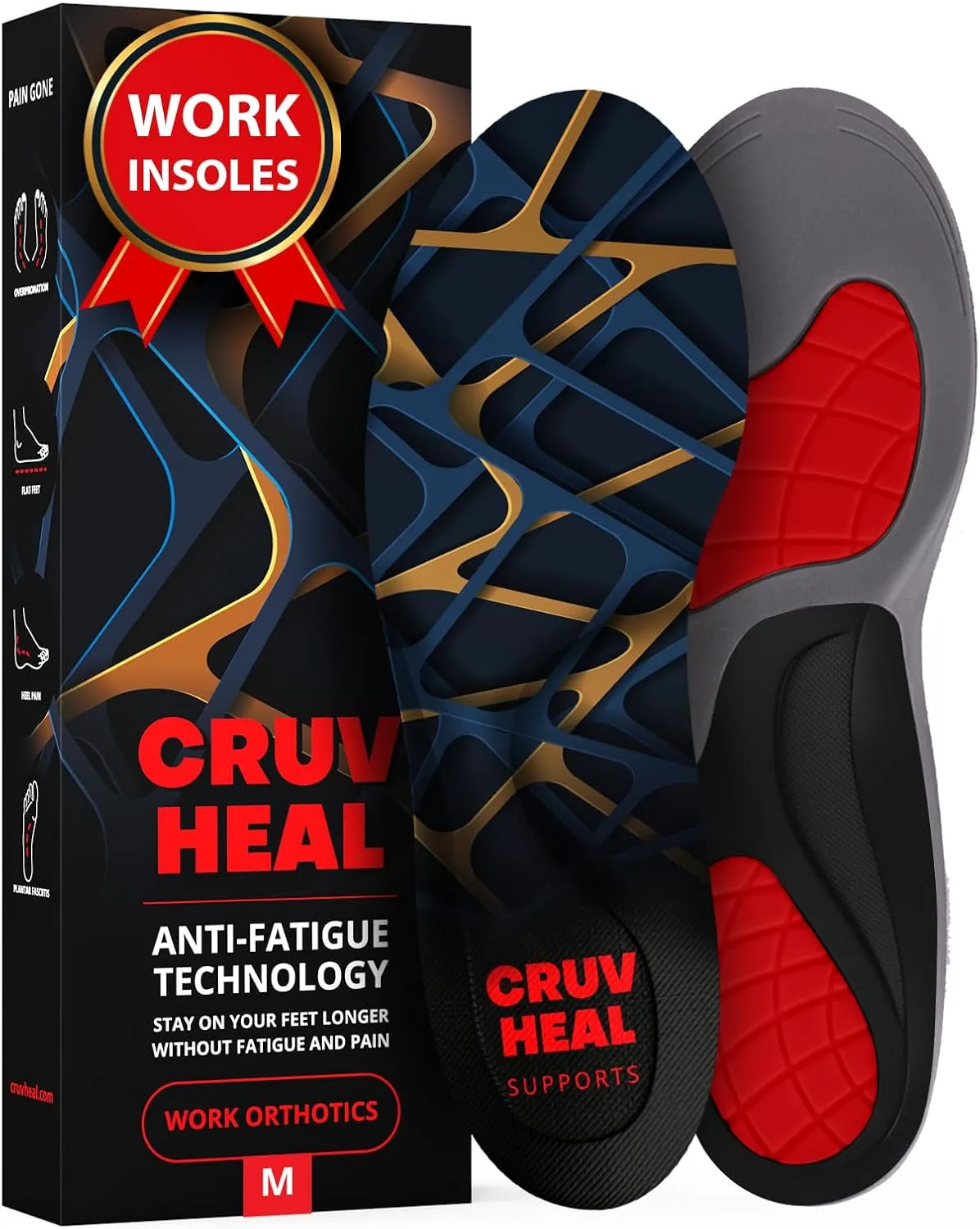 (New) Work Orthotic Insoles - Anti Fatigue Medium Arch Support Shoe Insert Men Women - for Plantar Fasciitis Flat Feet Leg - Relieve Foot Pain - Work Boot Insoles Standing All Day (M, Blue Lines)