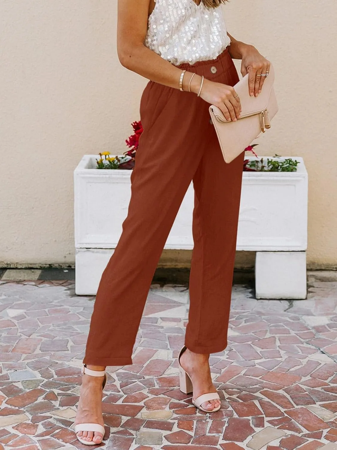 NIMIN Womens Casual Pants High Waisted Work Pants Elastic Cropped Dress Paper Bag Pants with Pockets