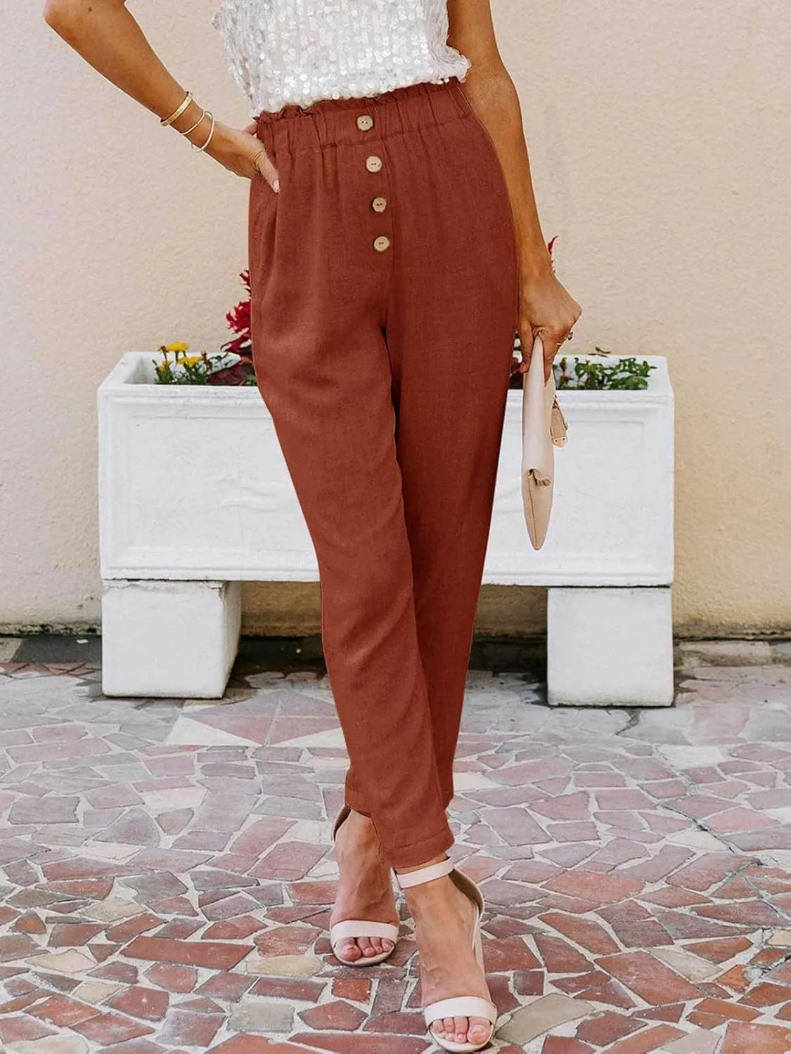 NIMIN Womens Casual Pants High Waisted Work Pants Elastic Cropped Dress Paper Bag Pants with Pockets