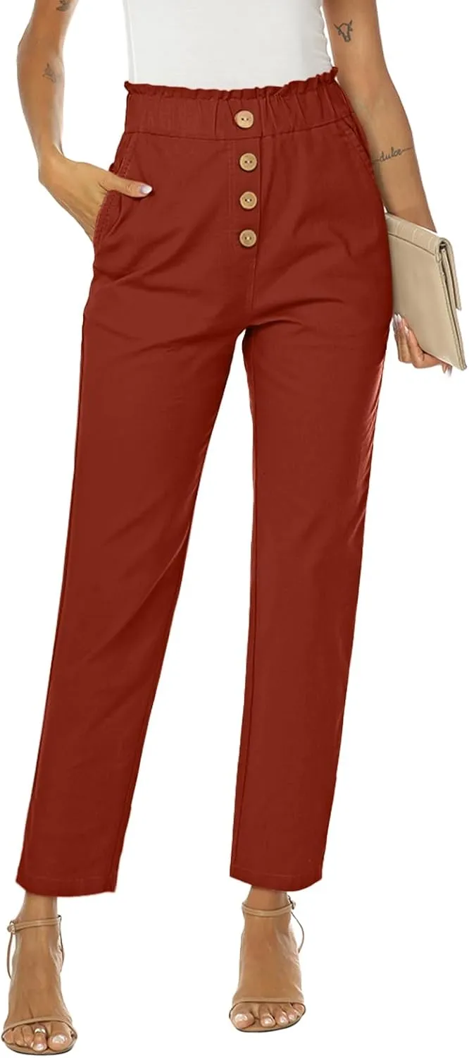 NIMIN Womens Casual Pants High Waisted Work Pants Elastic Cropped Dress Paper Bag Pants with Pockets