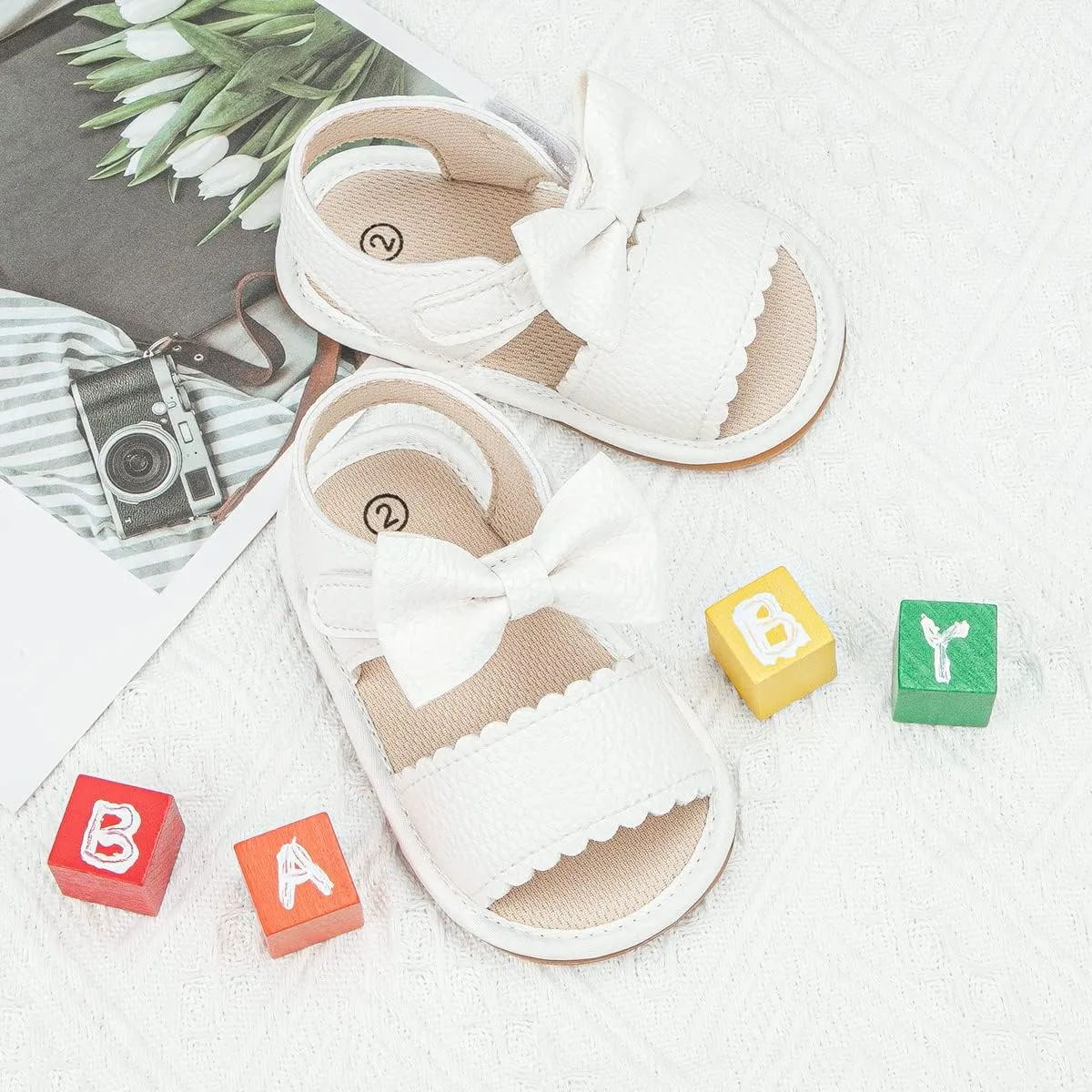 Oamico Baby Girl Sandals Infant Soft Anti-Slip Rubber Sole Casual Beach Sandals Newborn Bowknot Outdoor First Walker Summer Shoes for Baby Girls Flat Sandal