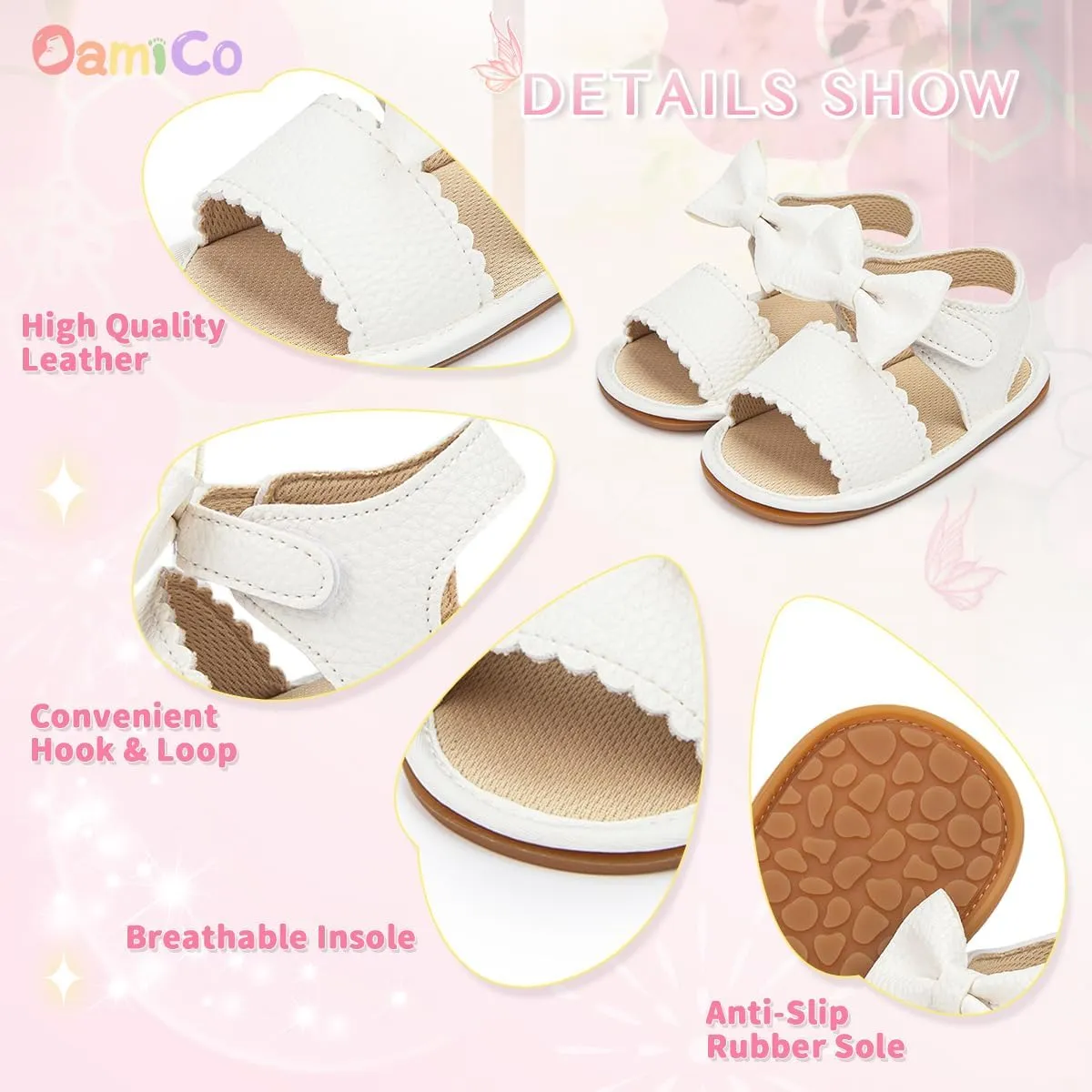 Oamico Baby Girl Sandals Infant Soft Anti-Slip Rubber Sole Casual Beach Sandals Newborn Bowknot Outdoor First Walker Summer Shoes for Baby Girls Flat Sandal