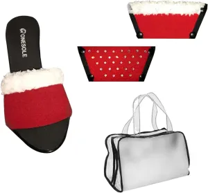 Onesole Chic Heel Holiday Kit, 3.5 Inch wedge lightweight Shoes, Interchangeable Santa Furry holiday and Solid red neoprene comfy Tops, women's wedge Sandals, As Seen on Shark Tank (Size 7)