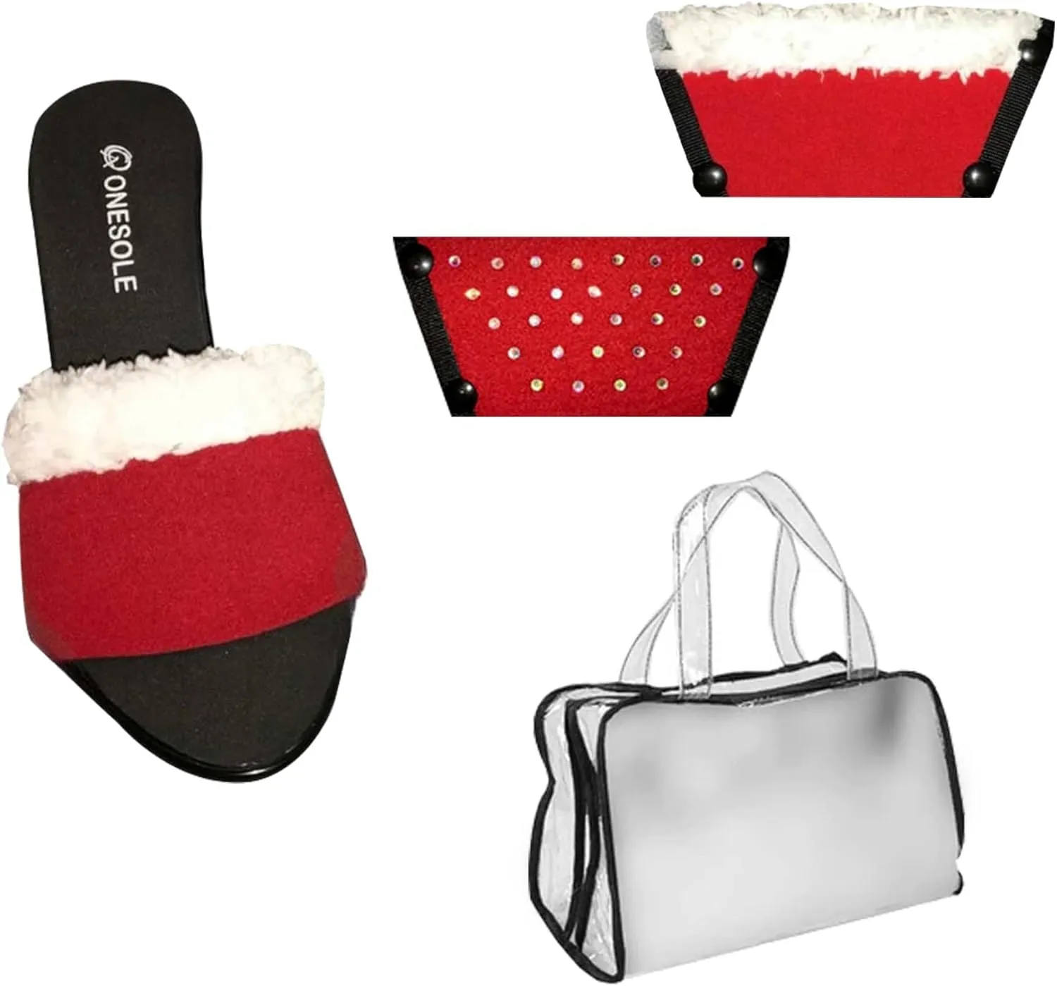 Onesole Chic Heel Holiday Kit, 3.5 Inch wedge lightweight Shoes, Interchangeable Santa Furry holiday and Solid red neoprene comfy Tops, women's wedge Sandals, As Seen on Shark Tank (Size 7)