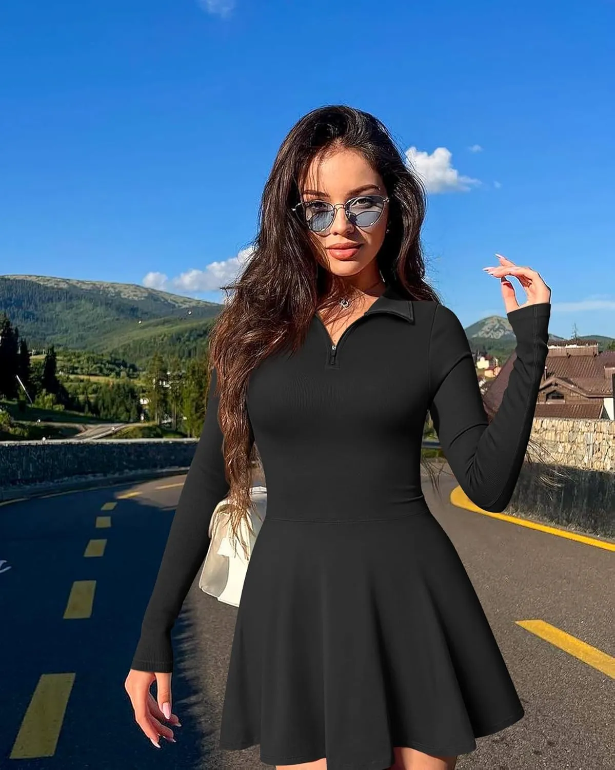 OQQ Womens Dress Casual Long Sleeve Elastic Simple A-Line Zipper Mini Dress