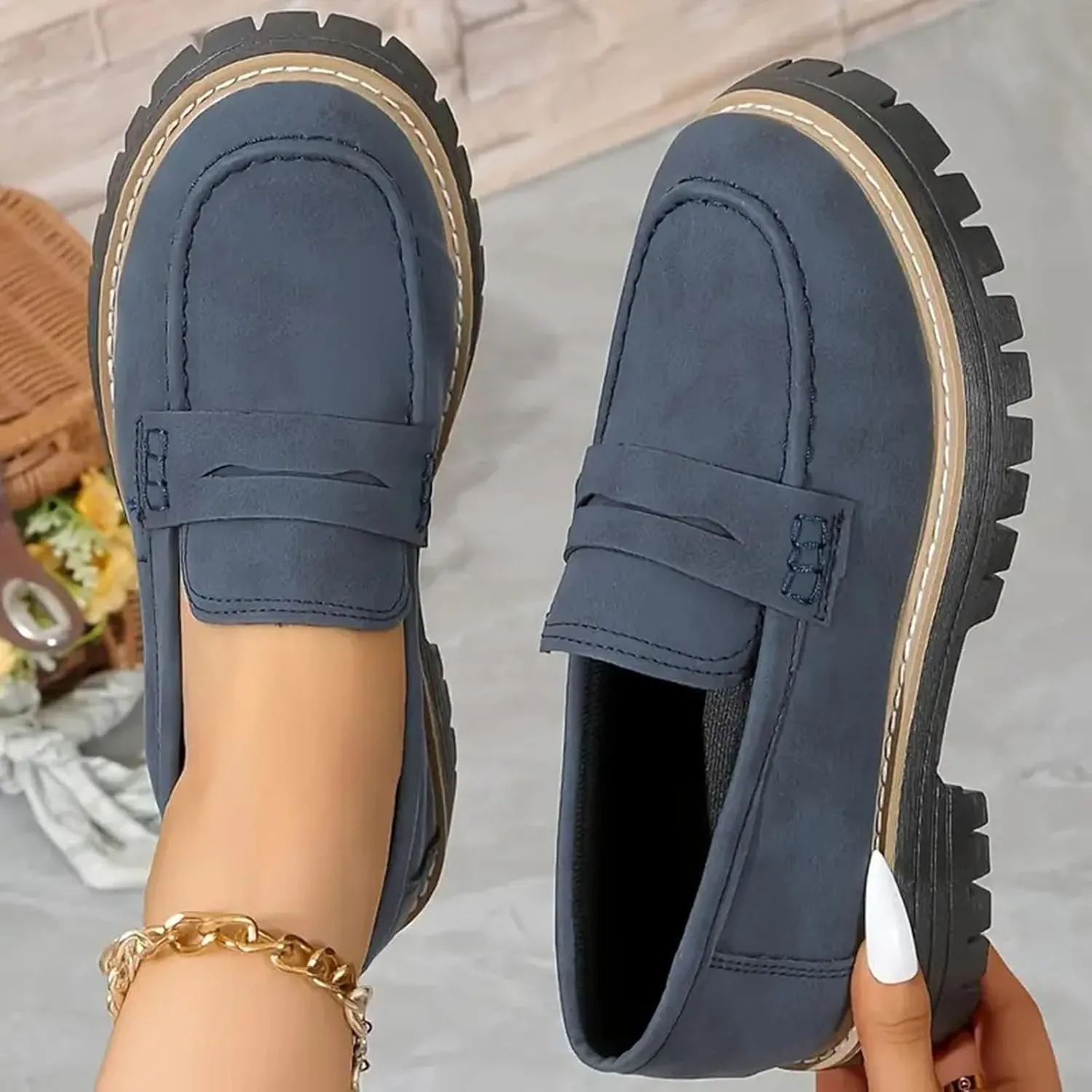 Orthoture-Orthopedic Platform Loafers, Comfort Orthopedic Shoes, Womens Round Toe Walking Shoe, Suede Penny Loafer