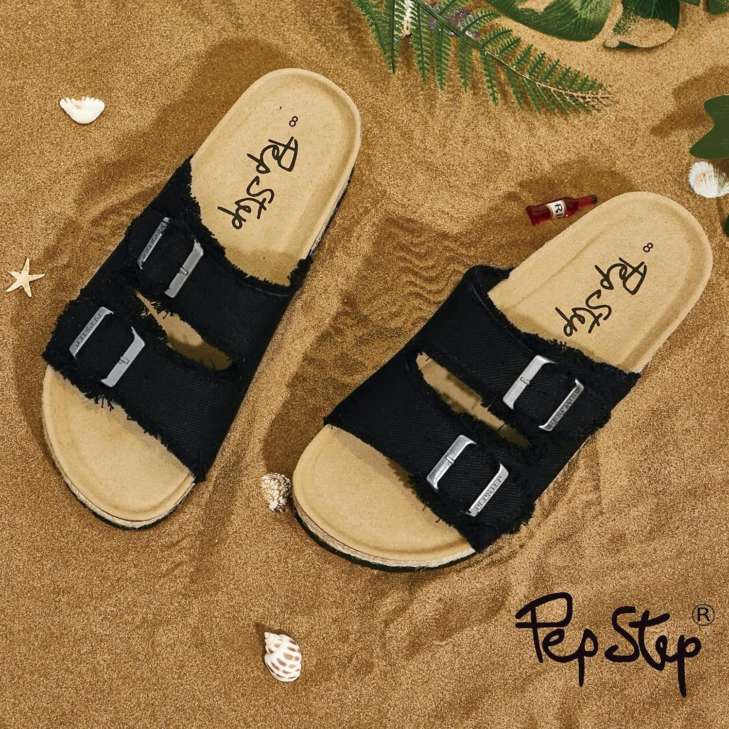 PepStep Slide Sandals for Women with Soft Cork Footbed and Strap, Ladies Fashion Platform Slide Sandals Comfortable Slip On Style
