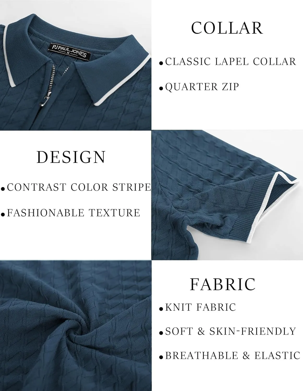 PJ PAUL JONES Men's Knit Polo Shirts Short Sleeve Quarter Zip Polo Shirt