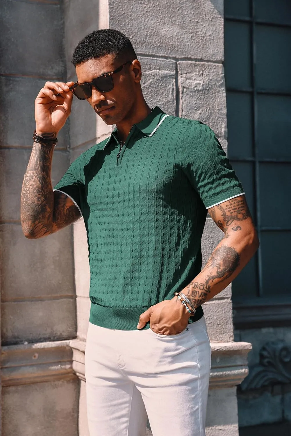 PJ PAUL JONES Men's Knit Polo Shirts Short Sleeve Quarter Zip Polo Shirt