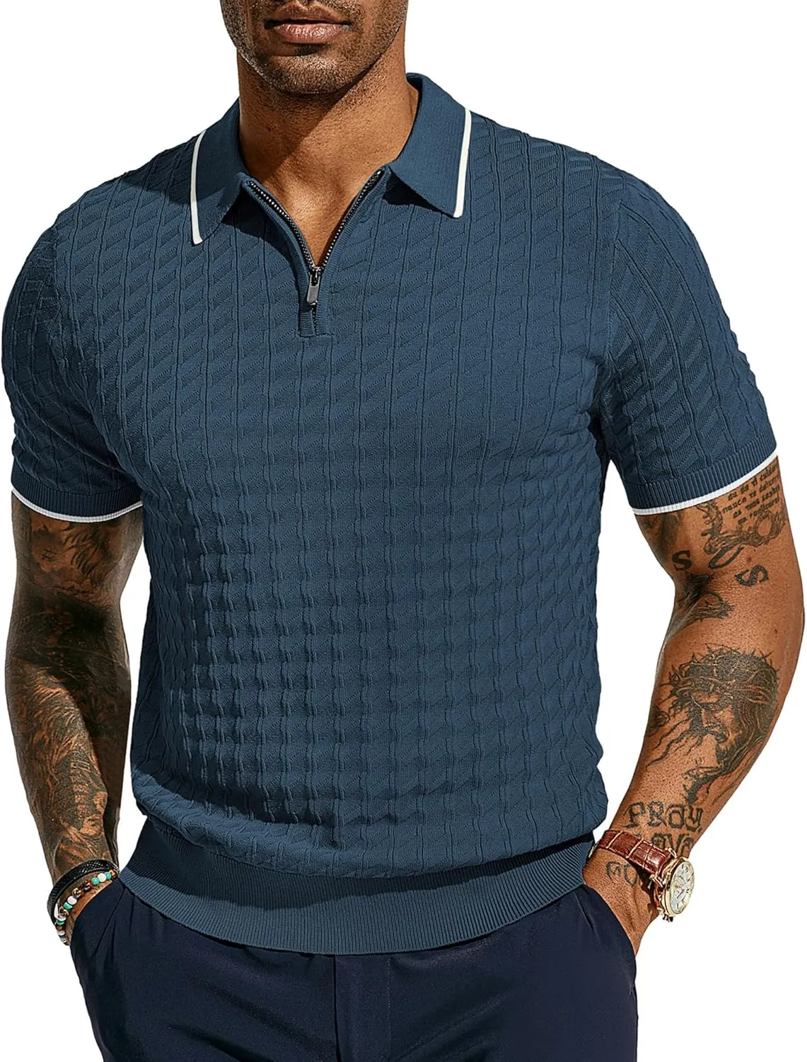 PJ PAUL JONES Men's Knit Polo Shirts Short Sleeve Quarter Zip Polo Shirt