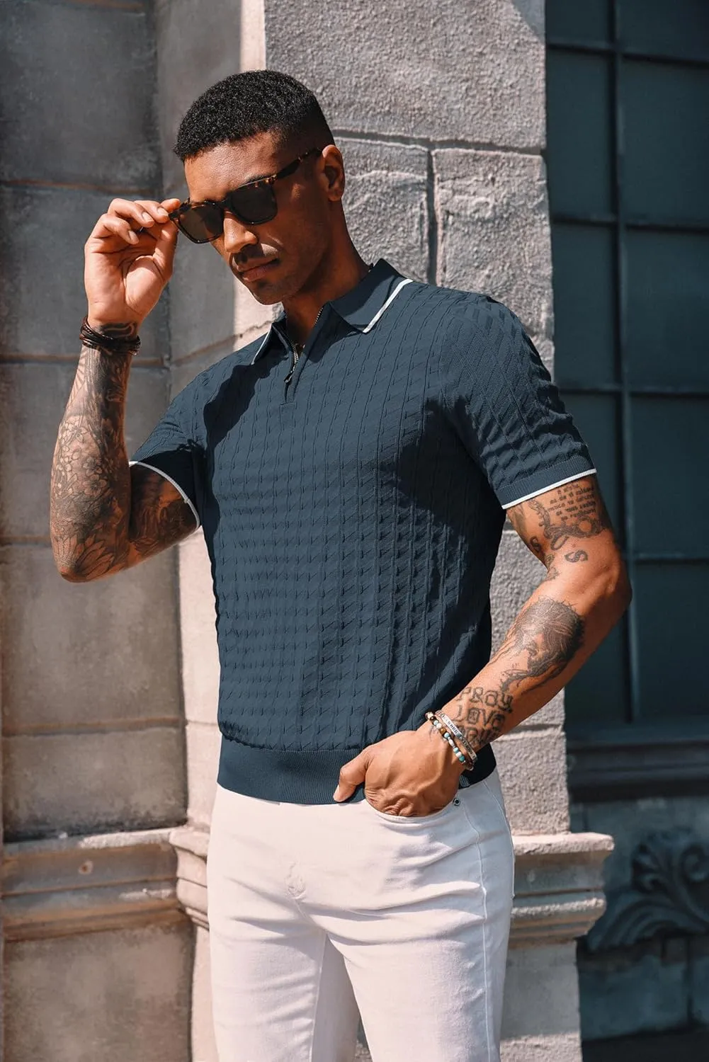 PJ PAUL JONES Men's Knit Polo Shirts Short Sleeve Quarter Zip Polo Shirt