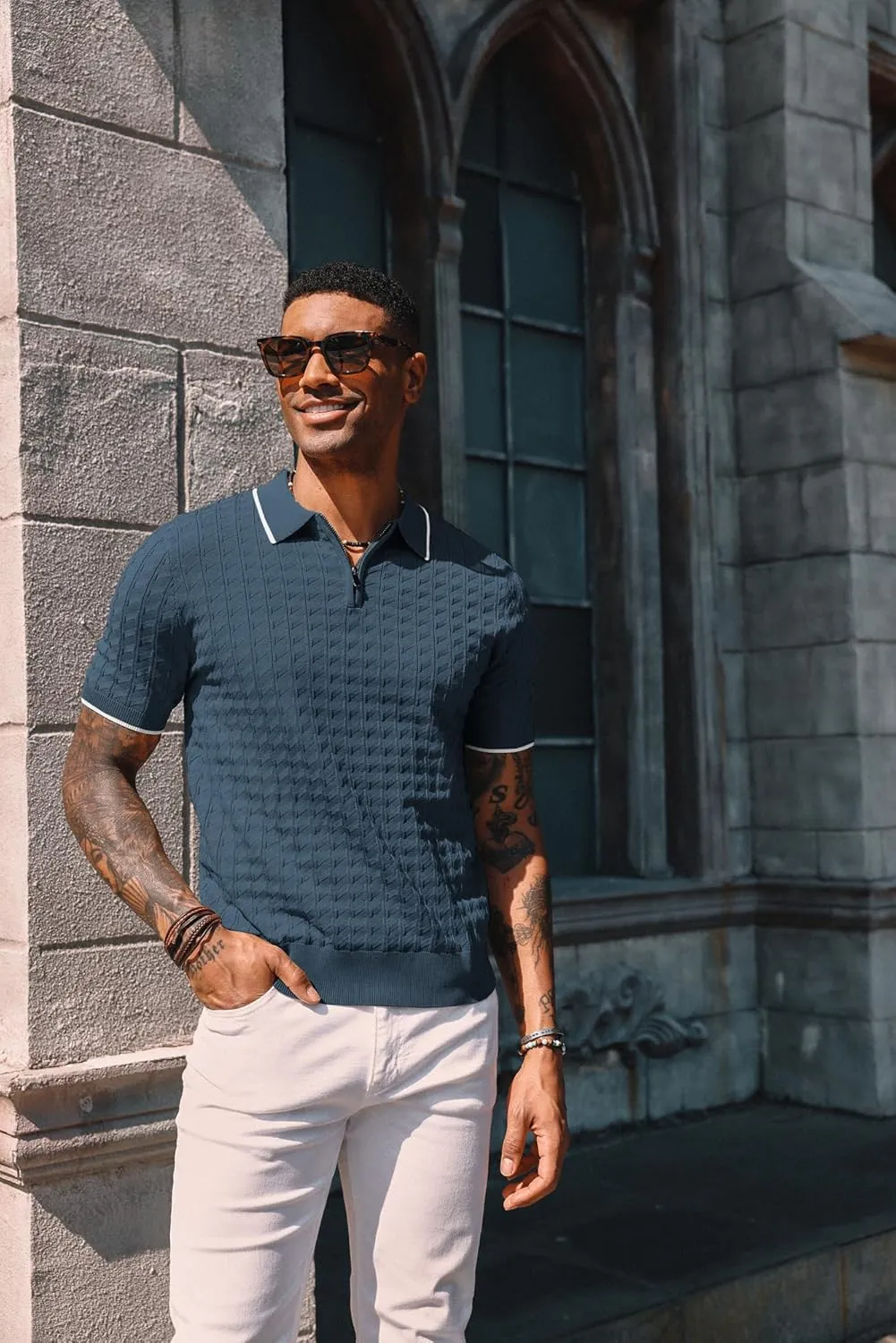 PJ PAUL JONES Men's Knit Polo Shirts Short Sleeve Quarter Zip Polo Shirt
