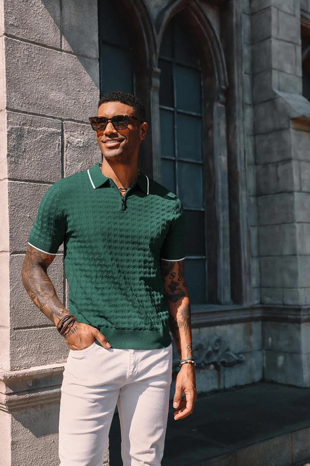 PJ PAUL JONES Men's Knit Polo Shirts Short Sleeve Quarter Zip Polo Shirt