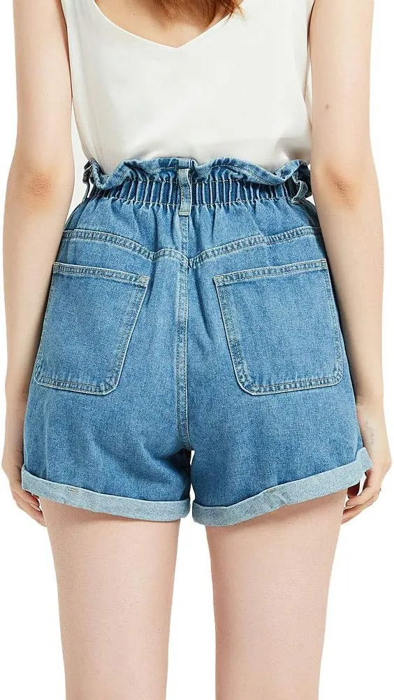 Plaid&Plain Women's High Waisted Denim Shorts Rolled Blue Jean Shorts