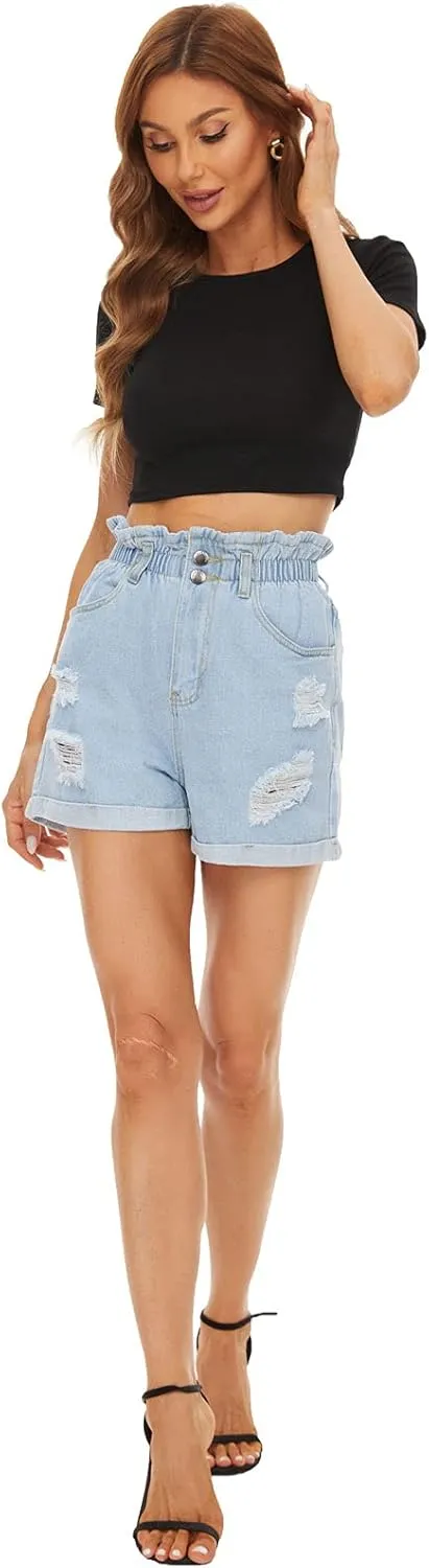 Plaid&Plain Women's High Waisted Denim Shorts Rolled Blue Jean Shorts
