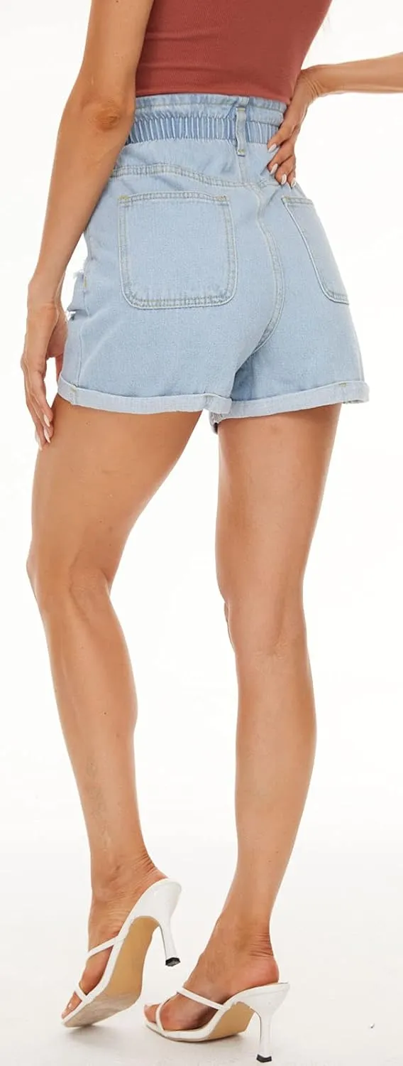 Plaid&Plain Women's High Waisted Denim Shorts Rolled Blue Jean Shorts