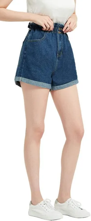 Plaid&Plain Women's High Waisted Denim Shorts Rolled Blue Jean Shorts