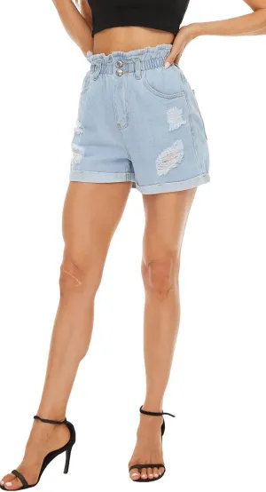 Plaid&Plain Women's High Waisted Denim Shorts Rolled Blue Jean Shorts
