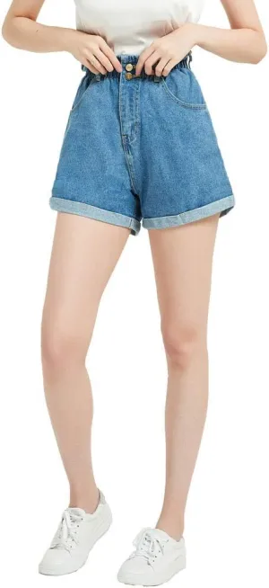 Plaid&Plain Women's High Waisted Denim Shorts Rolled Blue Jean Shorts