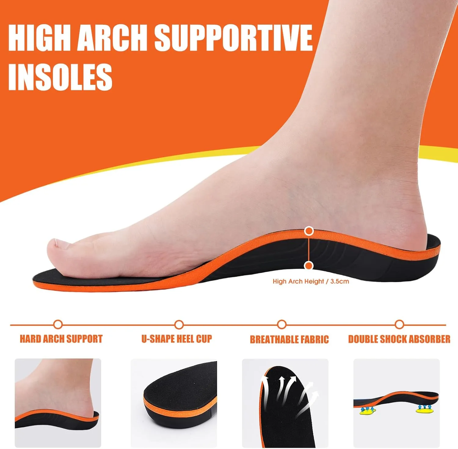 Plantar Fasciitis Orthotic Insoles, High Arch Support Shoe Inserts for 220  lbs | Pain Relief Flat Feet & Shock Absorbing Work Boot | Men/Women All-Day Standing Comfort - L