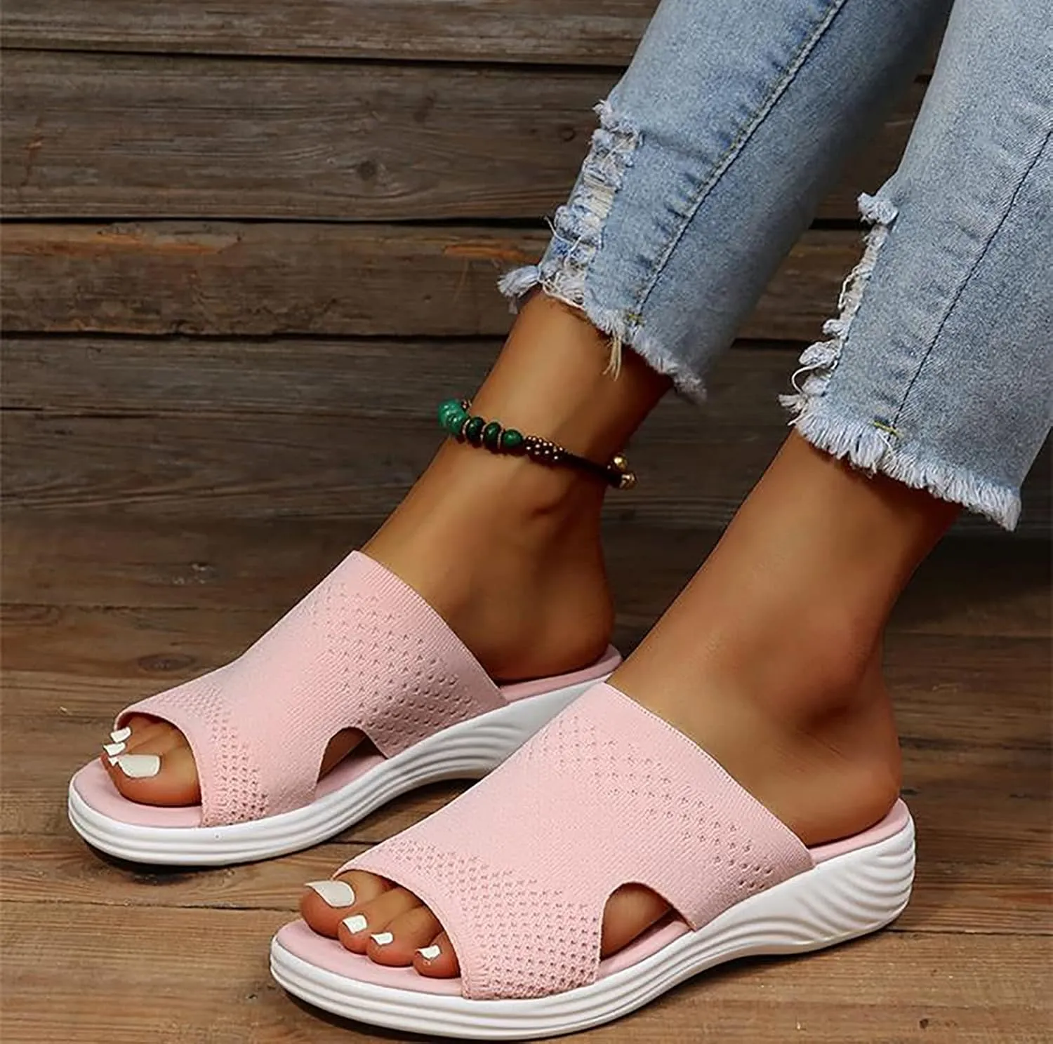 Platform Sandals Women Casual Summer Hollow Out Vintage Comfy Sports Knit Sandals Slip on Slipper Open Toe Fish Mouth Beach Casual Sandals,Pink,US8/EU39