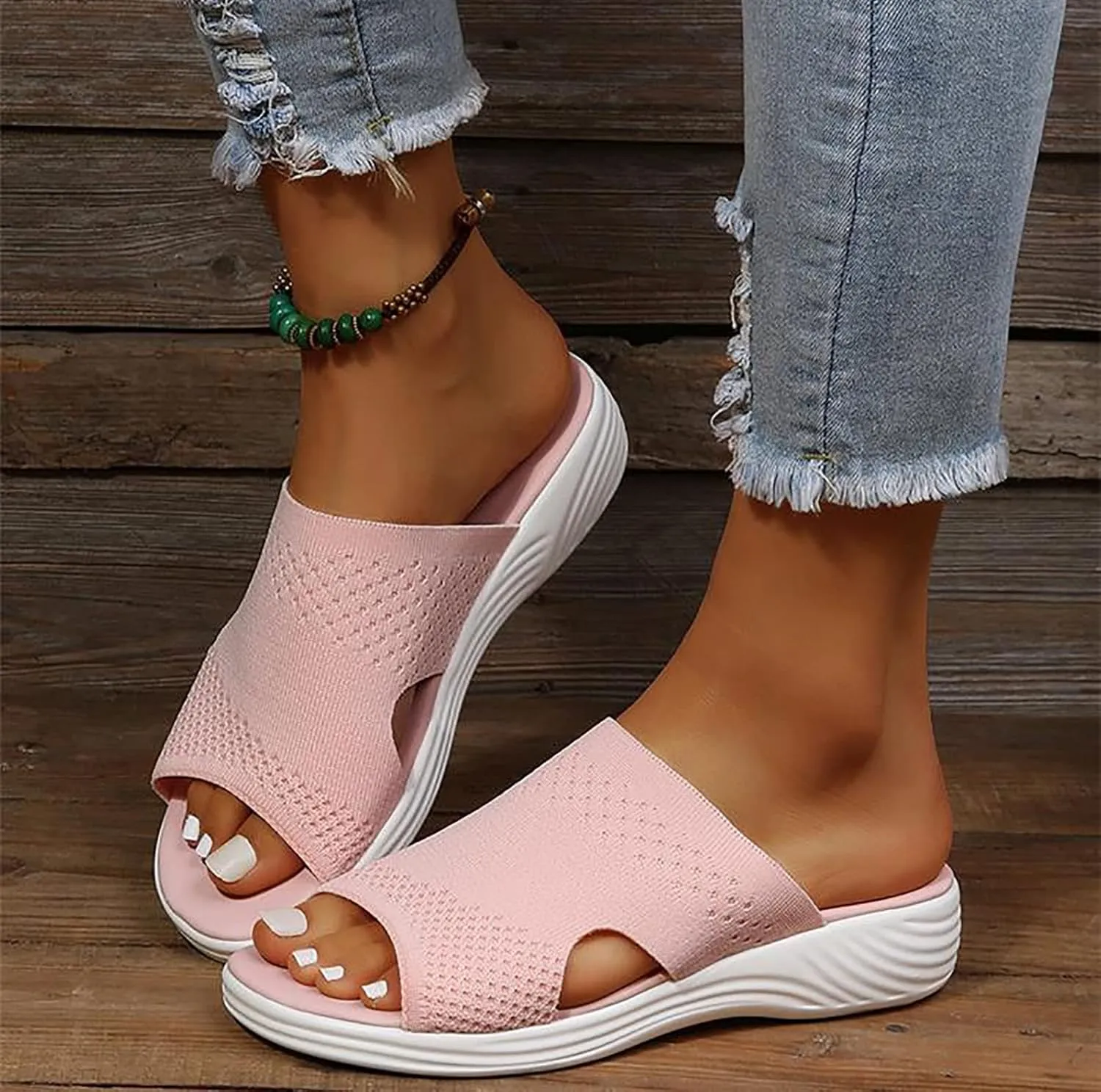 Platform Sandals Women Casual Summer Hollow Out Vintage Comfy Sports Knit Sandals Slip on Slipper Open Toe Fish Mouth Beach Casual Sandals,Pink,US8/EU39