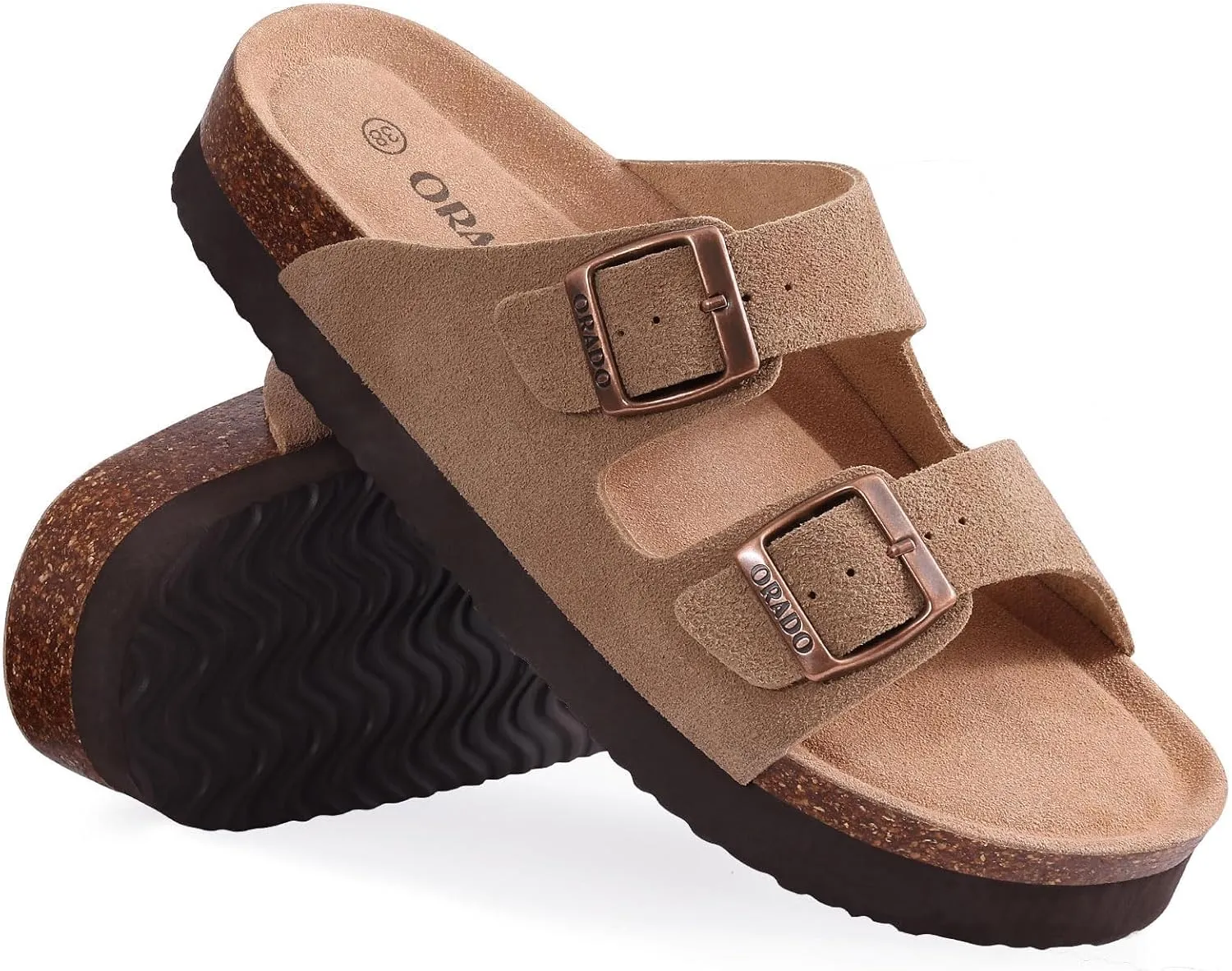 Platform Suede Sandals for Women Soft Cork Footbed Summer Slides with Adjustable Buckle