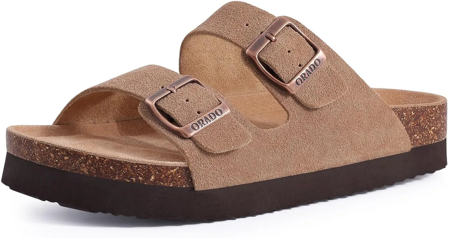 Platform Suede Sandals for Women Soft Cork Footbed Summer Slides with Adjustable Buckle