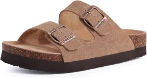 Platform Suede Sandals for Women Soft Cork Footbed Summer Slides with Adjustable Buckle
