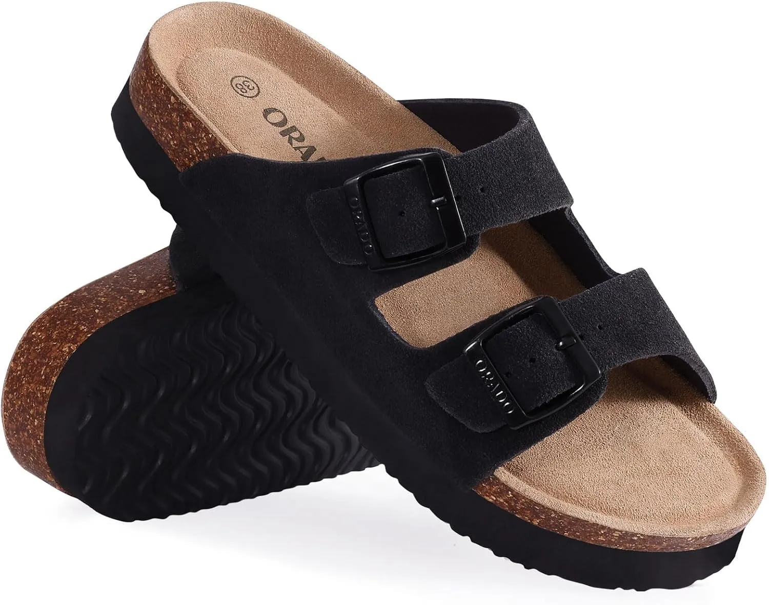 Platform Suede Sandals for Women Soft Cork Footbed Summer Slides with Adjustable Buckle