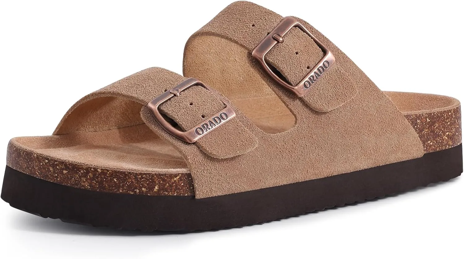 Platform Suede Sandals Soft Cork Footbed Summer Slides with Adjustable Buckle, Apricot 39 (size 8-8.5)