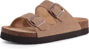 Platform Suede Sandals Soft Cork Footbed Summer Slides with Adjustable Buckle, Apricot 39 (size 8-8.5)