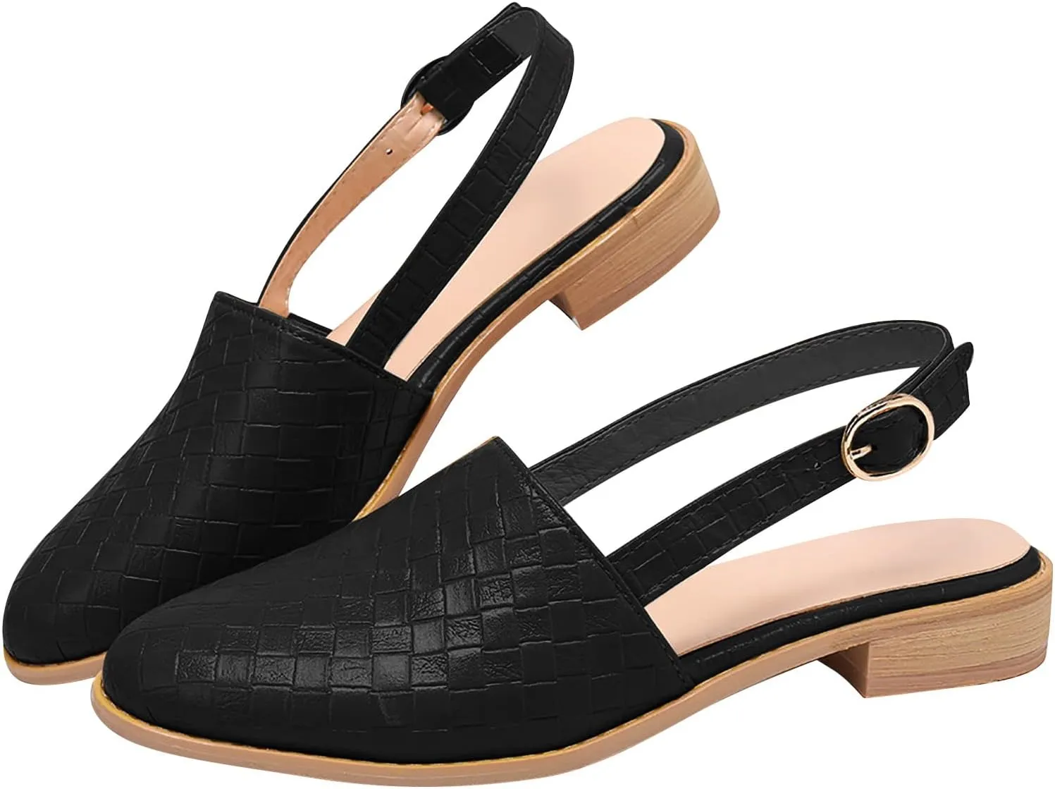 Pointed Toe Sandal for Women Fashion Weave Strap Buckle Baotou Closed Toe Low Heel Sandalias Solid Color Comfortable Casual Stacked Heel Shoes
