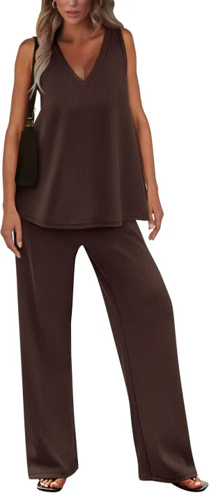 PRETTYGARDEN Women's 2 Piece Summer Tracksuits Sleeveless V Neck Tank Top Wide Leg Pants Casual Knit Outfit Sets