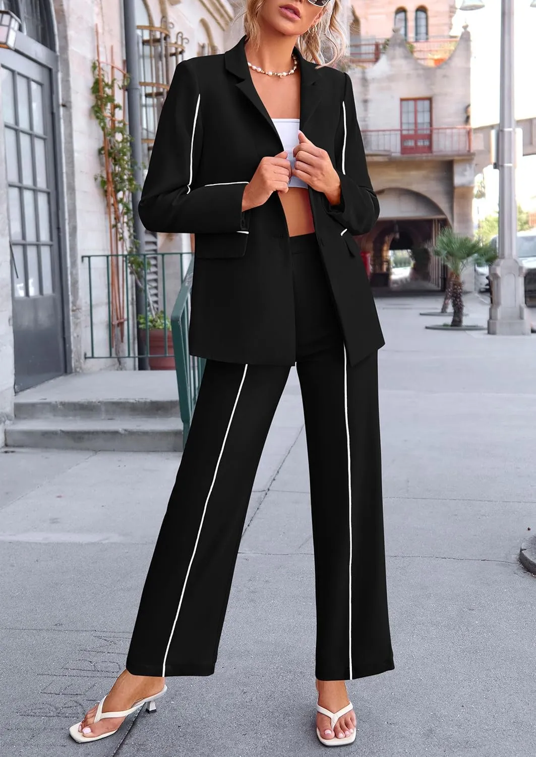 PRETTYGARDEN Women's Fall Spring 2 Piece Blazer Outfits Business Casual Oversized Jacket Wide Leg Work Pants Dressy Suit Set