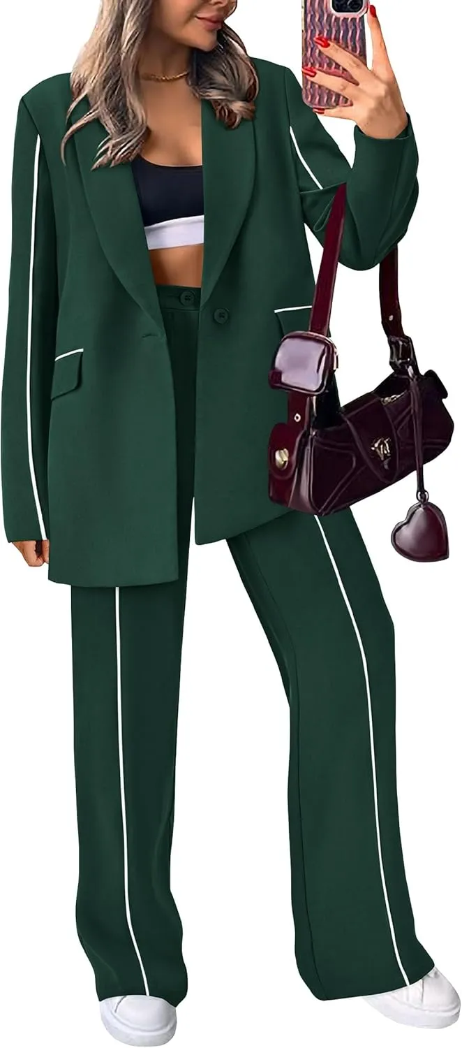 PRETTYGARDEN Women's Fall Spring 2 Piece Blazer Outfits Business Casual Oversized Jacket Wide Leg Work Pants Dressy Suit Set
