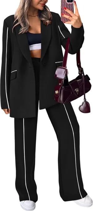 PRETTYGARDEN Women's Fall Spring 2 Piece Blazer Outfits Business Casual Oversized Jacket Wide Leg Work Pants Dressy Suit Set