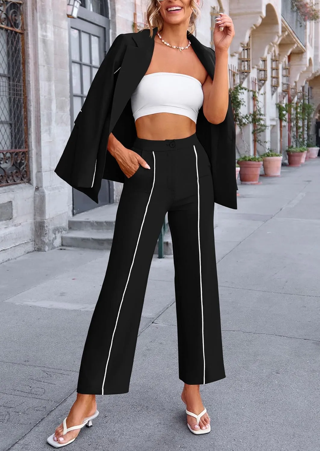 PRETTYGARDEN Women's Fall Spring 2 Piece Blazer Outfits Business Casual Oversized Jacket Wide Leg Work Pants Dressy Suit Set