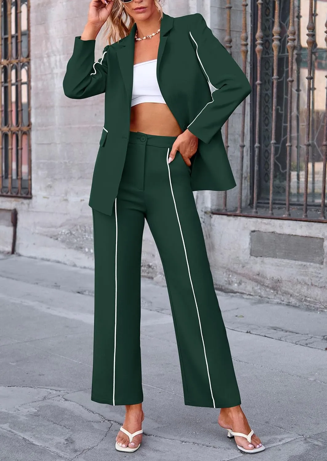 PRETTYGARDEN Women's Fall Spring 2 Piece Blazer Outfits Business Casual Oversized Jacket Wide Leg Work Pants Dressy Suit Set