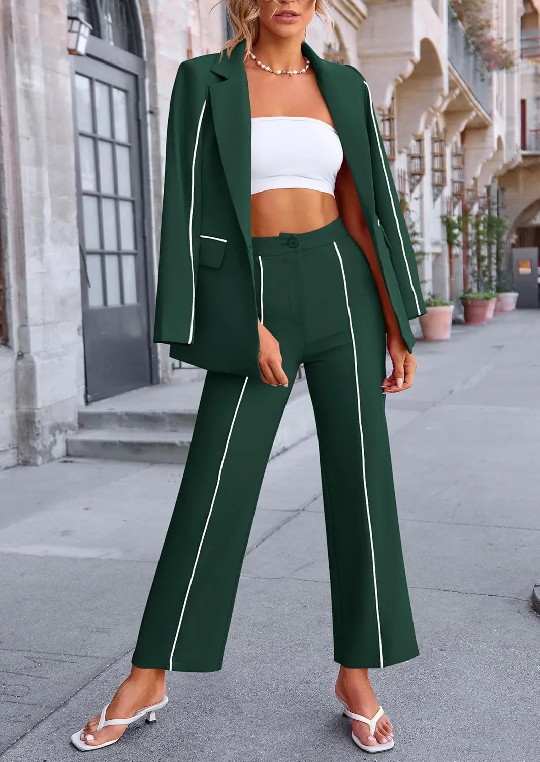 PRETTYGARDEN Women's Fall Spring 2 Piece Blazer Outfits Business Casual Oversized Jacket Wide Leg Work Pants Dressy Suit Set