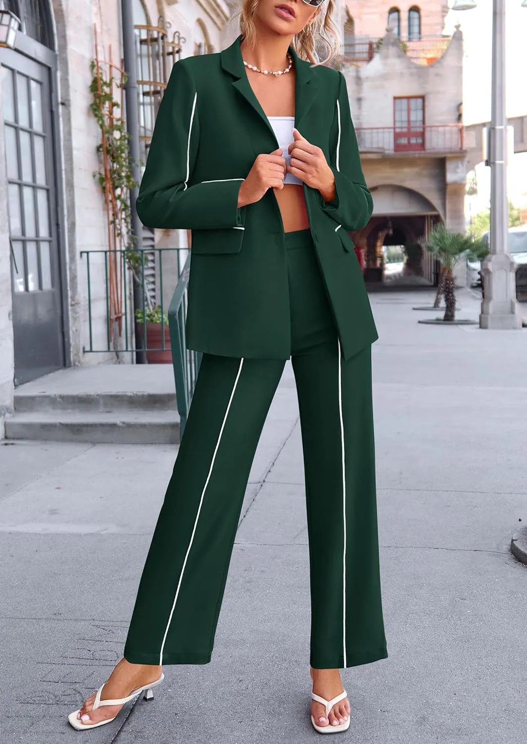 PRETTYGARDEN Women's Fall Spring 2 Piece Blazer Outfits Business Casual Oversized Jacket Wide Leg Work Pants Dressy Suit Set