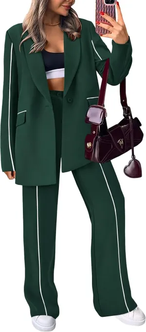 PRETTYGARDEN Women's Fall Spring 2 Piece Blazer Outfits Business Casual Oversized Jacket Wide Leg Work Pants Dressy Suit Set