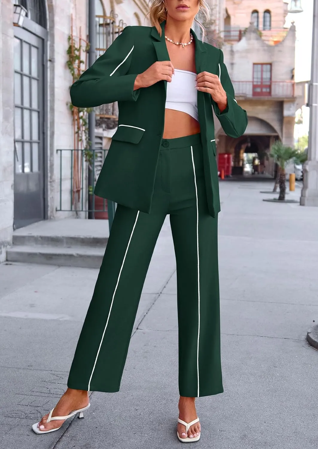 PRETTYGARDEN Women's Fall Spring 2 Piece Blazer Outfits Business Casual Oversized Jacket Wide Leg Work Pants Dressy Suit Set