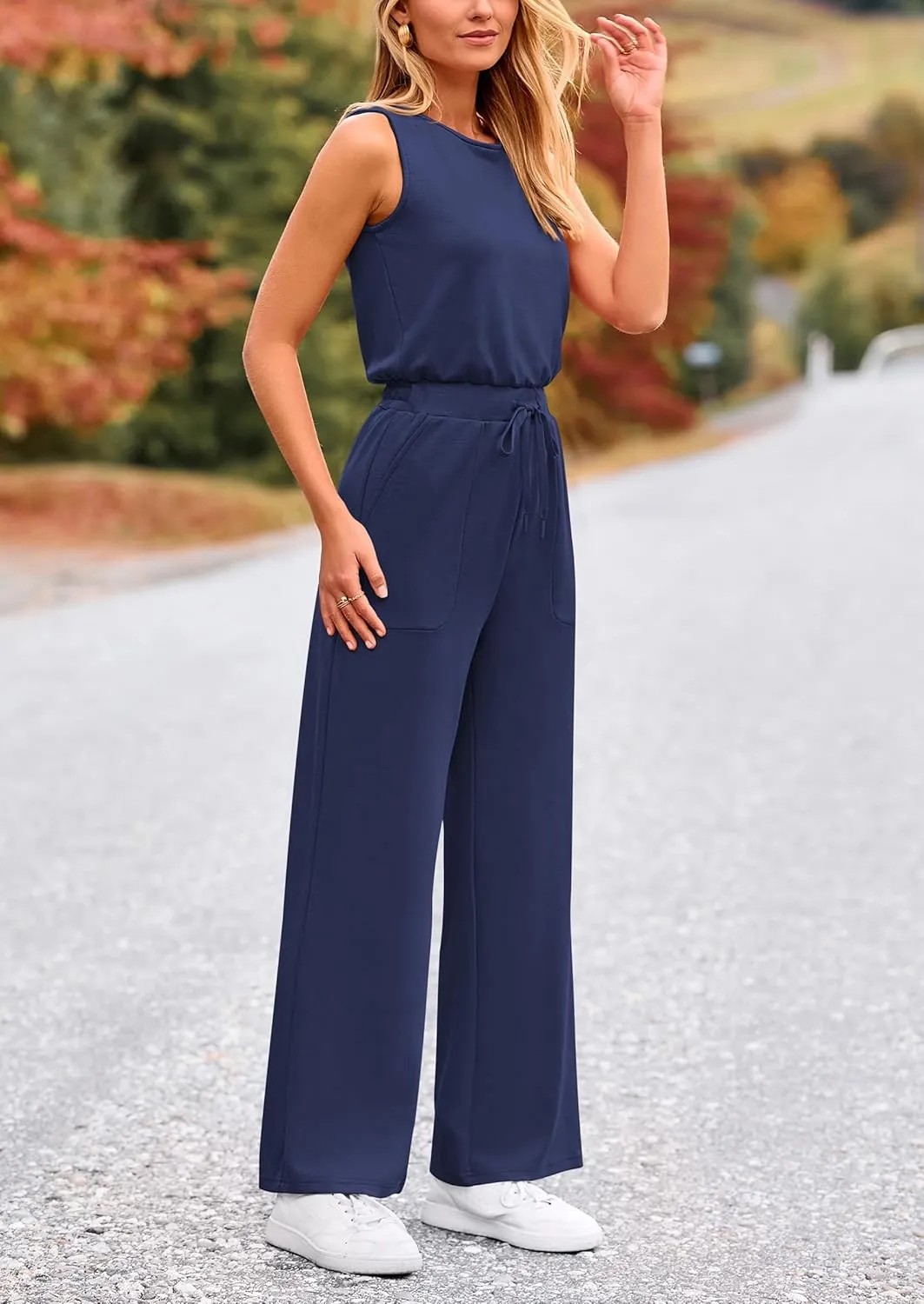 PRETTYGARDEN Womens Jumpsuits Summer Casual One Piece Outfits Sleeveless Wide Leg Long Pants Rompers