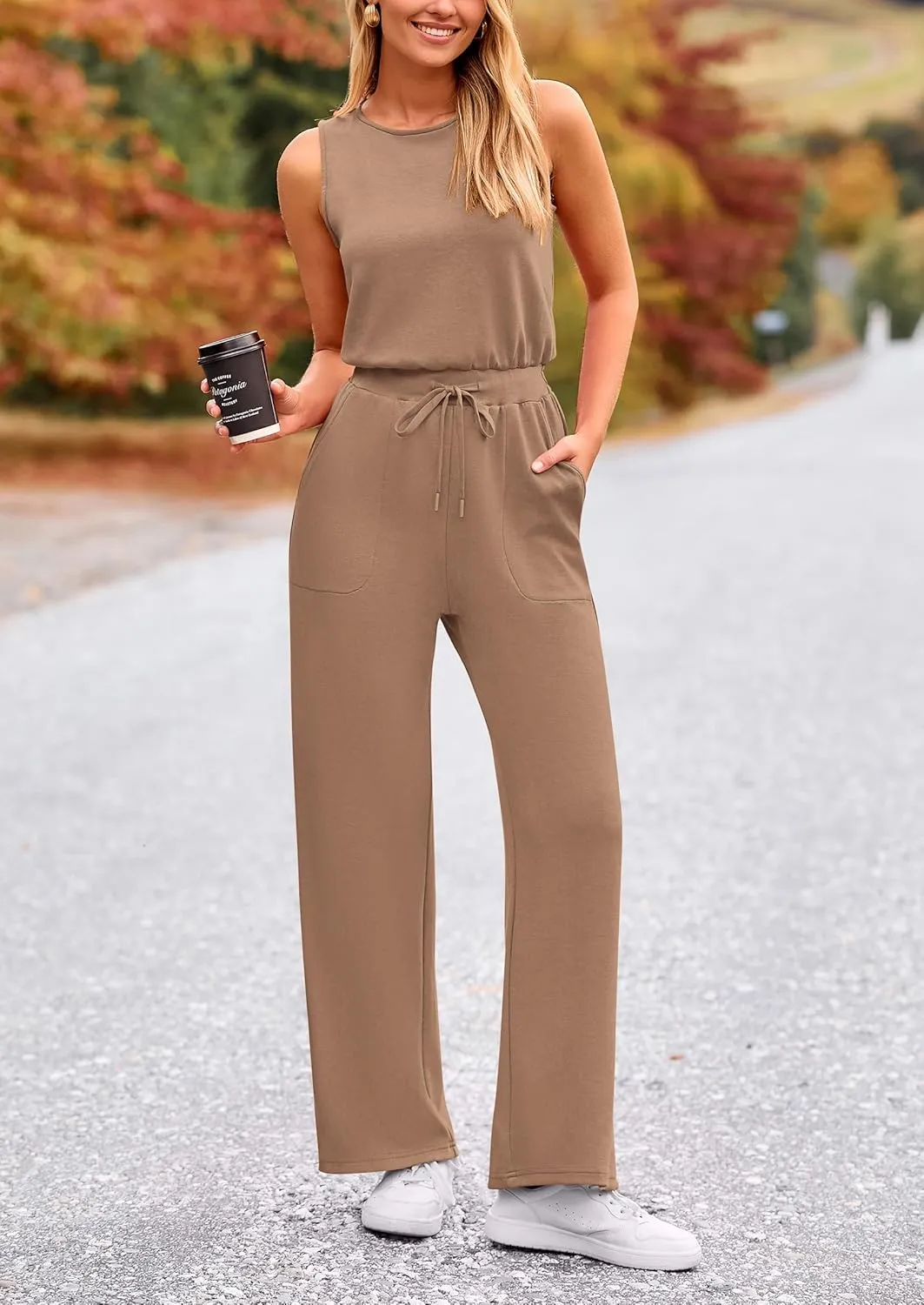 PRETTYGARDEN Womens Jumpsuits Summer Casual One Piece Outfits Sleeveless Wide Leg Long Pants Rompers