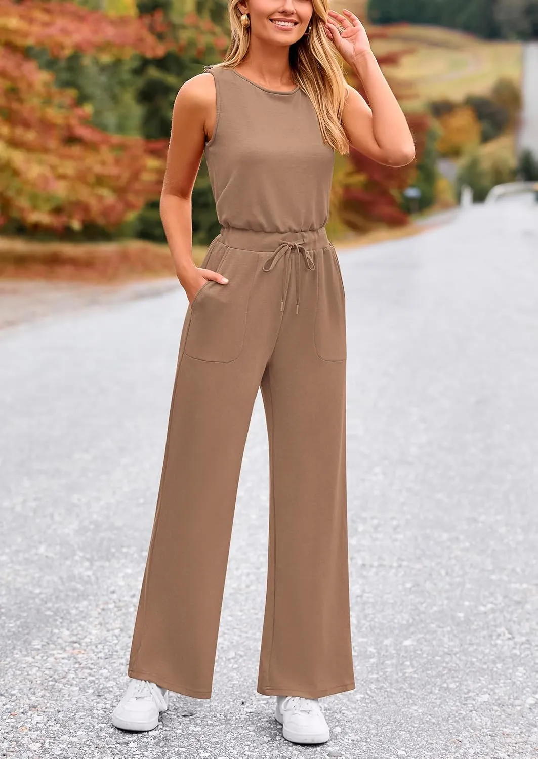 PRETTYGARDEN Womens Jumpsuits Summer Casual One Piece Outfits Sleeveless Wide Leg Long Pants Rompers