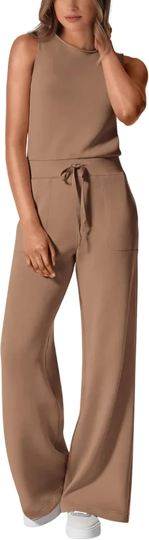 PRETTYGARDEN Womens Jumpsuits Summer Casual One Piece Outfits Sleeveless Wide Leg Long Pants Rompers