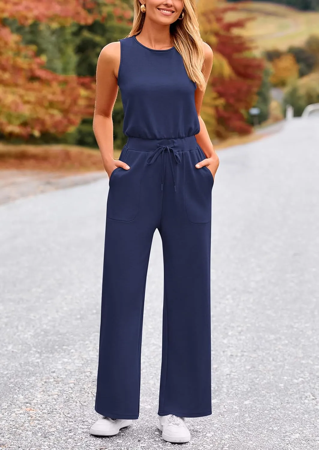 PRETTYGARDEN Womens Jumpsuits Summer Casual One Piece Outfits Sleeveless Wide Leg Long Pants Rompers